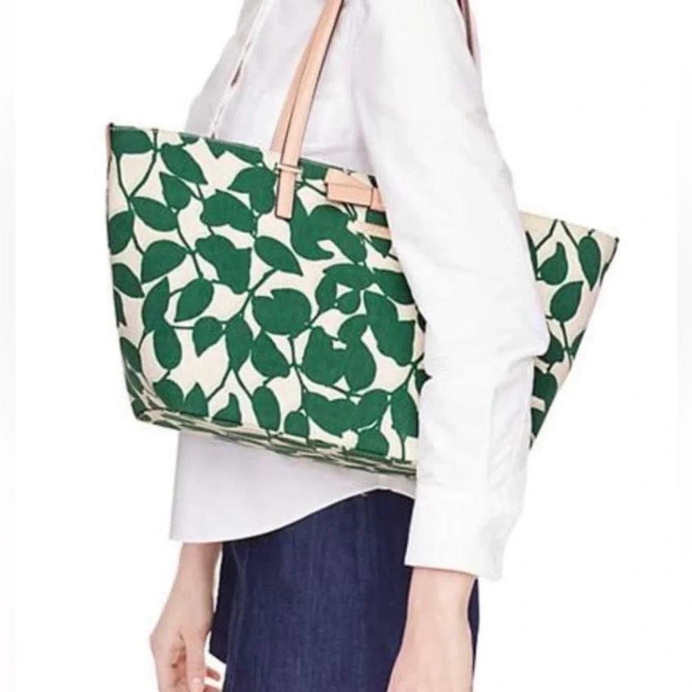 kate spade Cream Tote with Green Leaf Print and Blush Handles